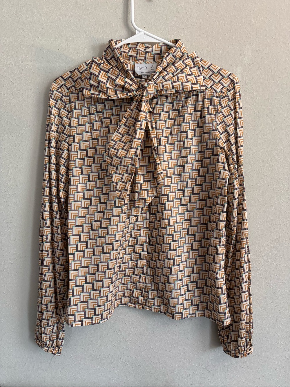 Agnes B. Geometric Print Tie-Neck Blouse - Cream & Brown